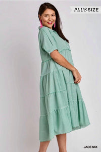 Plus Sz Umgee Cotton Stripe Tiered Collar Dress - Green
