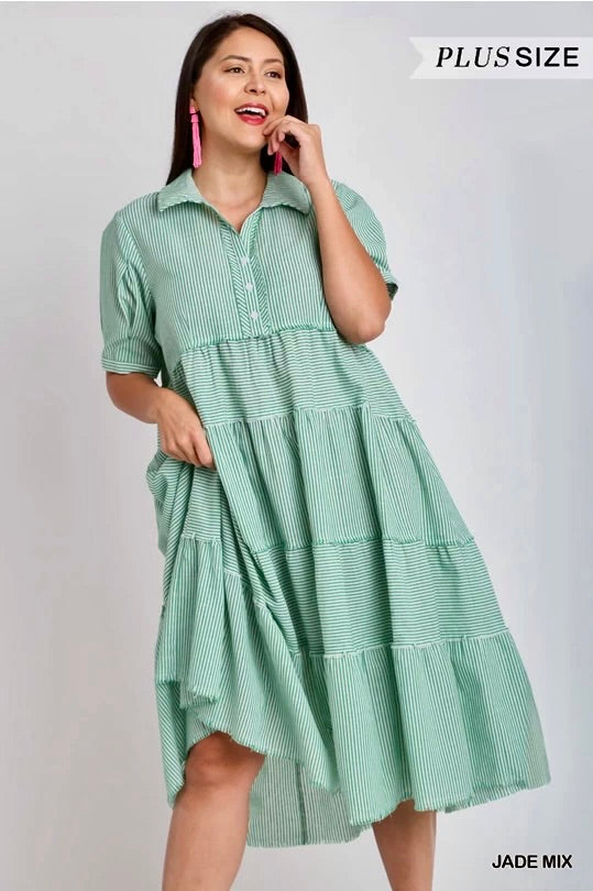 Plus Sz Umgee Cotton Stripe Tiered Collar Dress - Green