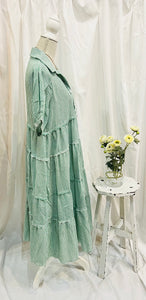 Umgee Cotton Stripe Tiered Collar Dress - Green